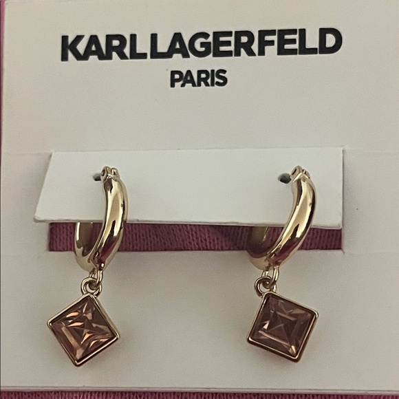 Karl Lagerfeld Jewelry - KARL LAGERFELD Gold Hoop Earrings with Pink Square Crystal Drops